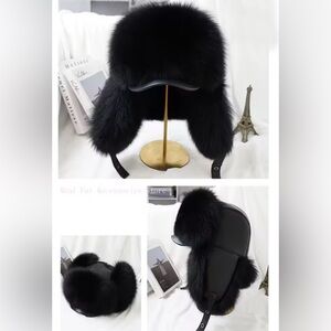 Genuine lamb skin and fox fur LUX black fur hat UNISEX
